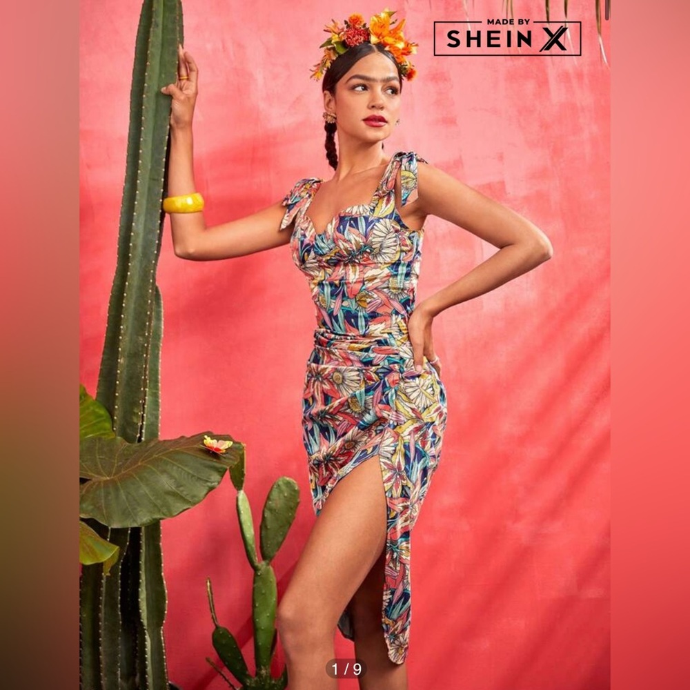 SHEIN X Frida Kahlo Designer Delapaz Colorful Tropical Print Dress